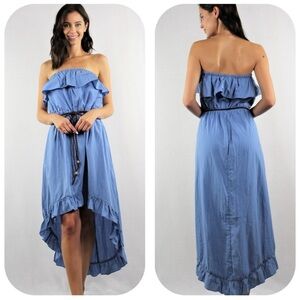 Flawless High-Low Blue Ruffle Dress with Braided Belt – Size M | NWOT